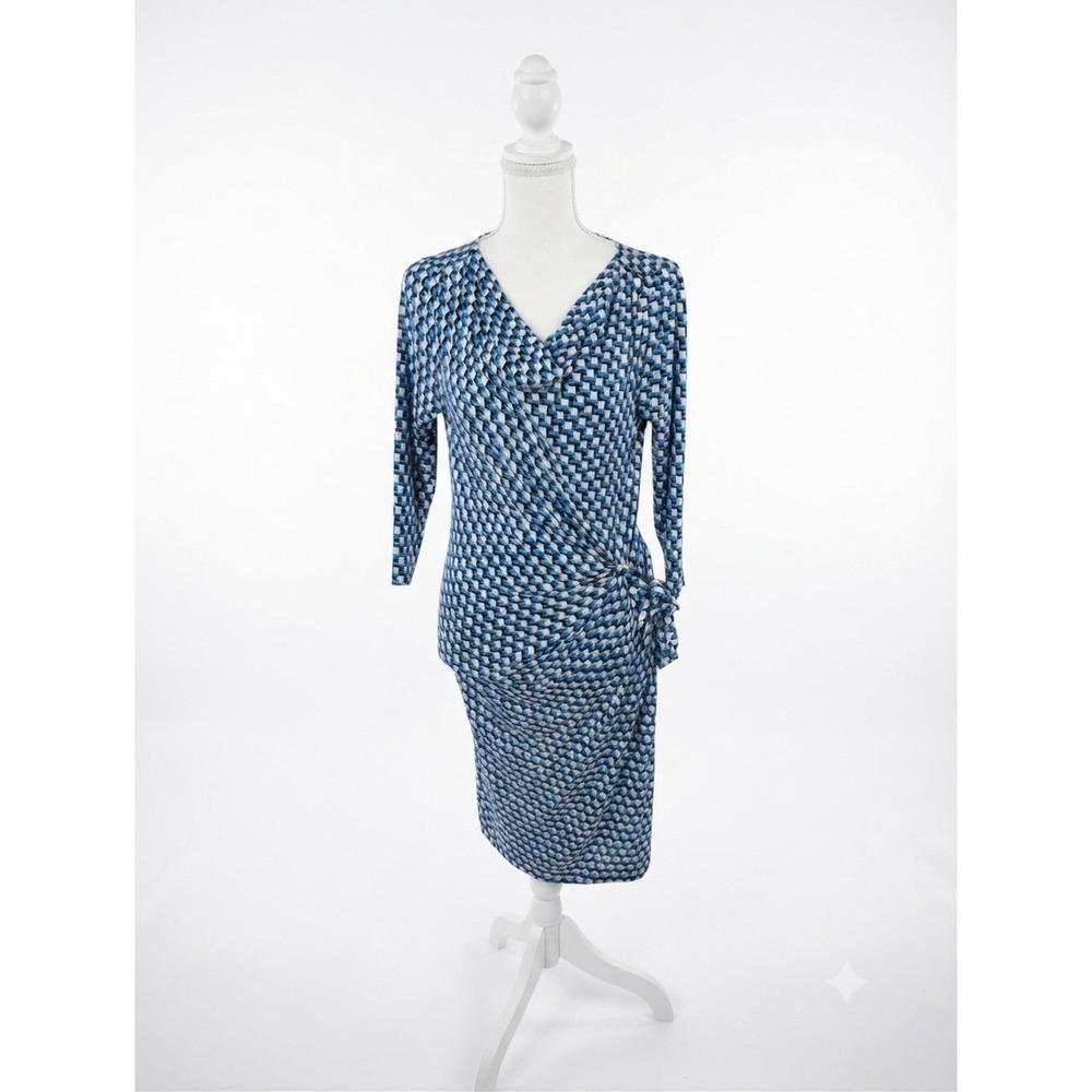 Ann Taylor Petite Blue Geometric Faux Wrap Cowl Neck Dress SP 3/4 Sleeve Jersey
